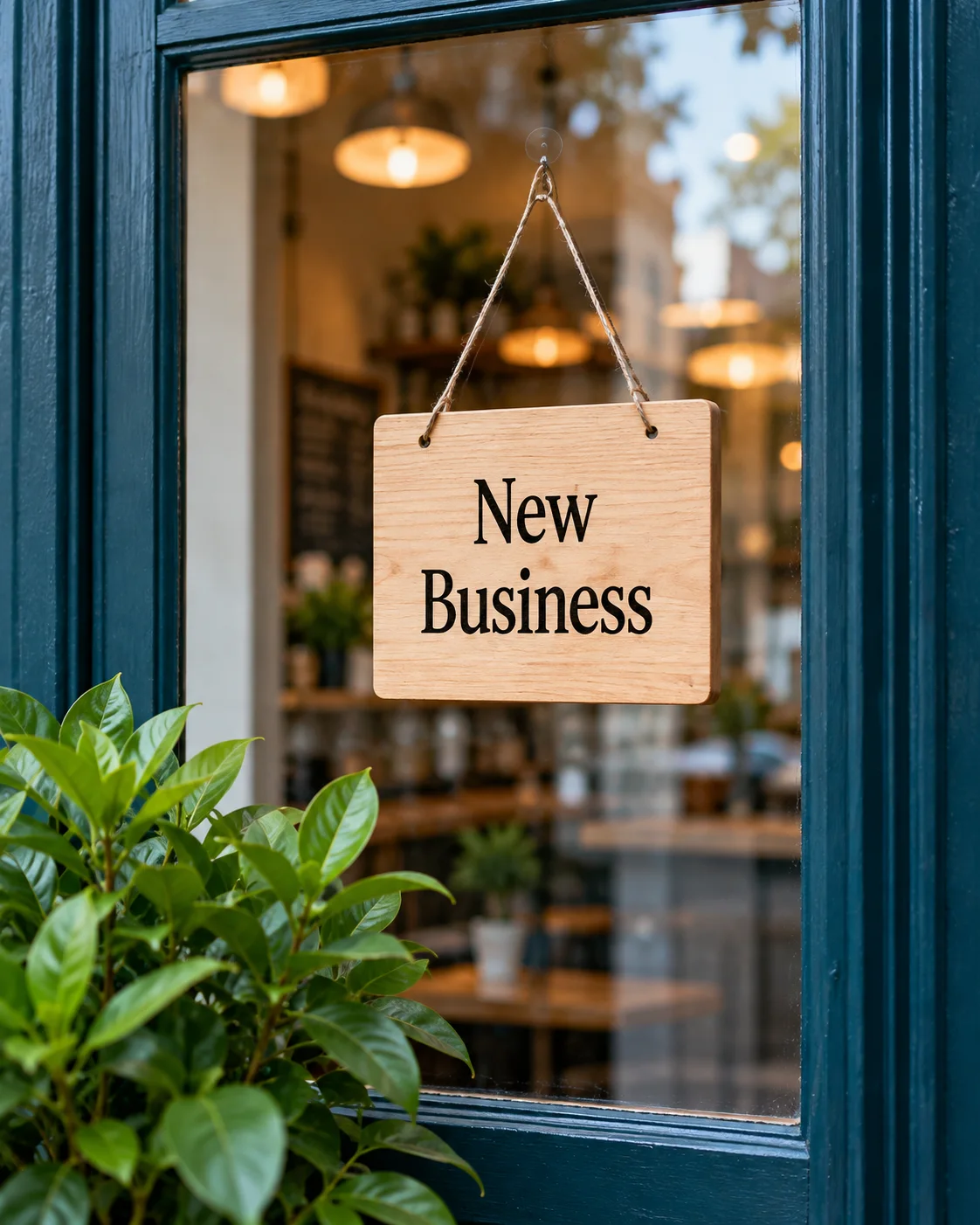 A New Business sign hanging in a shop window.