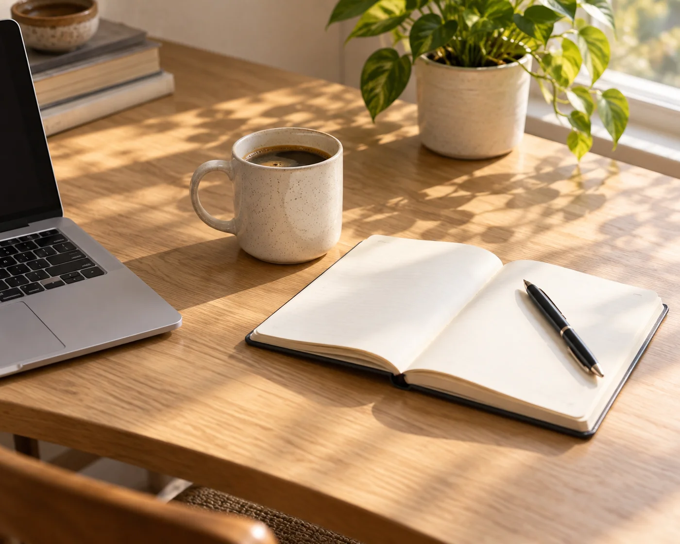 An open notebook beside a laptop and coffee on a sunny desk.