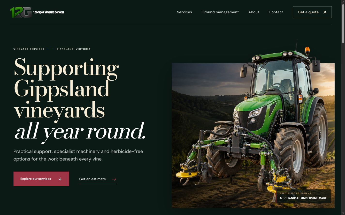 12Grapes website showing vineyard services and a ground-management cost estimator.